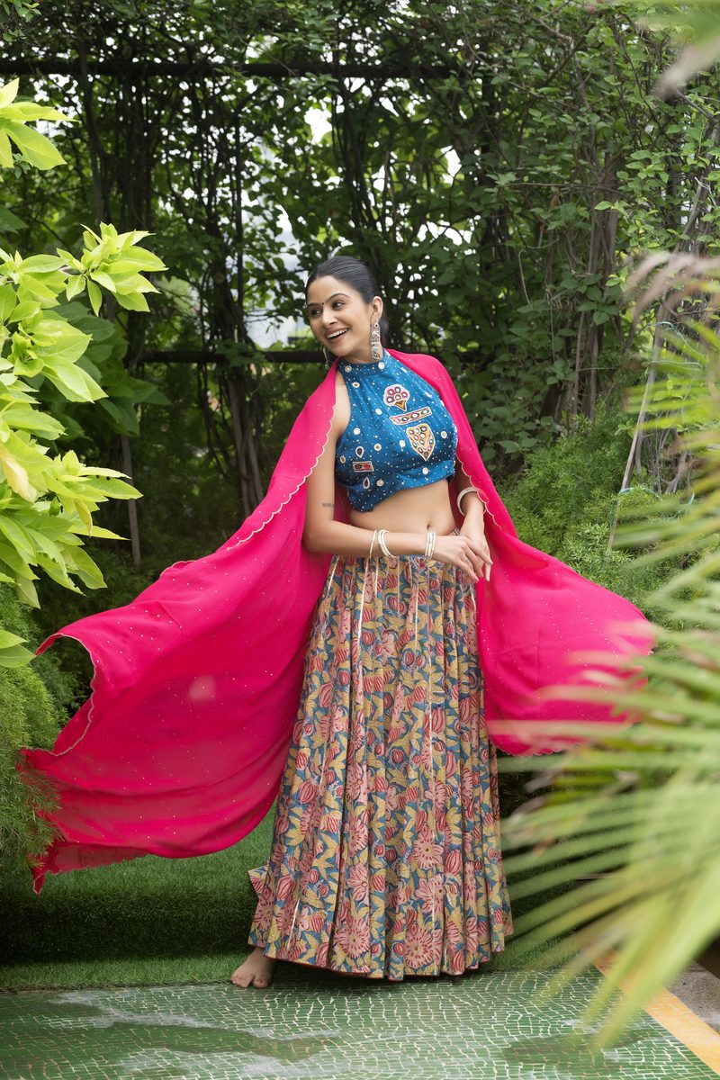 Garden Bloom Lehenga – Blue Mirror Blouse Pink Dupatta