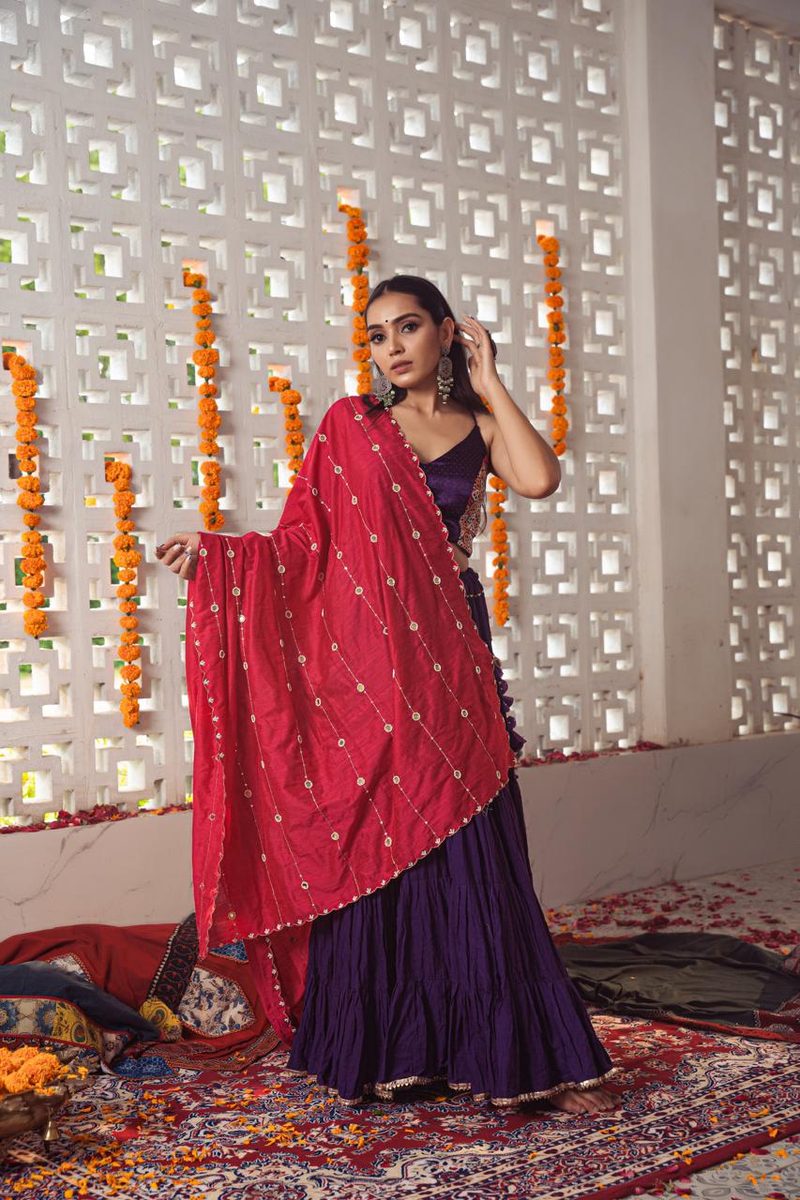 Royal Plum Gharara – Red Dupatta Lehenga Set